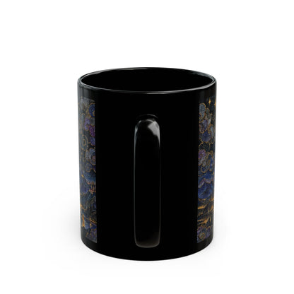 A black ceramic mug featuring a vertical panel of starry night sky and city silhouette art.
