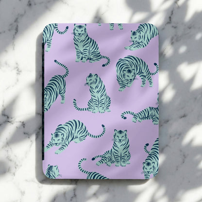 Purple notebook with a repeating pattern of teal tigers in various poses.