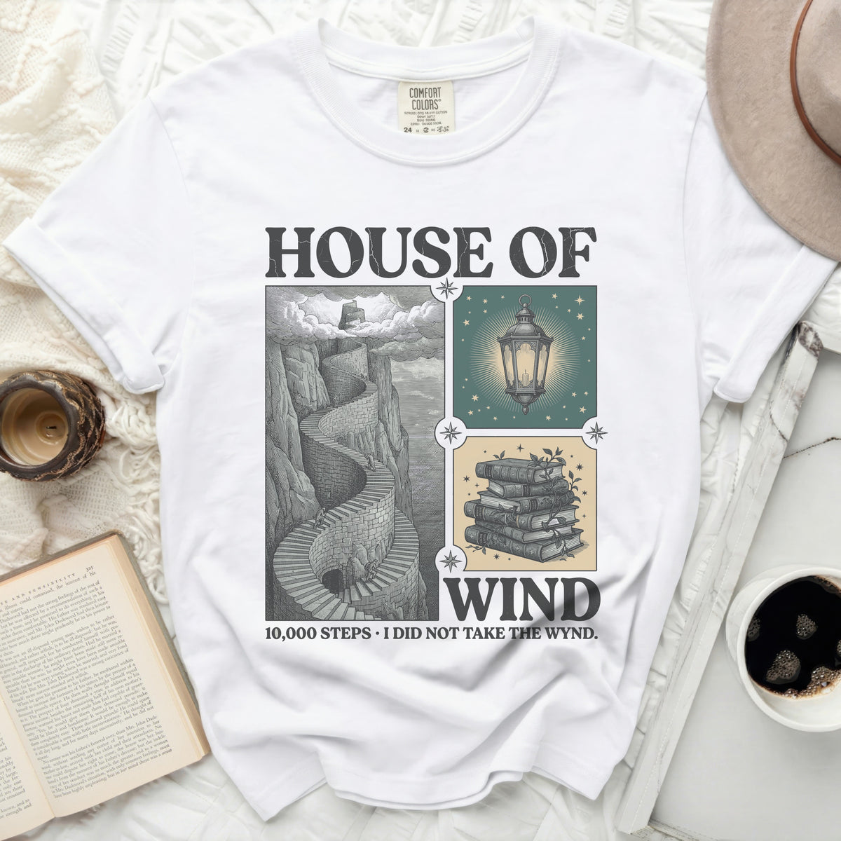 House of Wind t-shirt with stairway and lantern graphics, text: 10,000 steps.