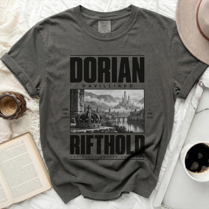 Dark gray t-shirt with "Dorian Havilliard Rifthold" text and castle graphic.