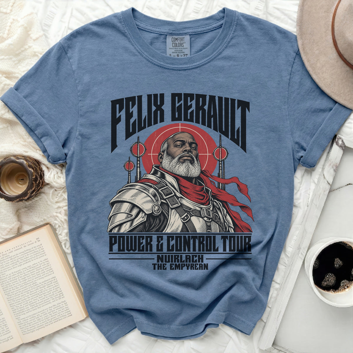 Felix Geralt Power & Control Tour graphic tee featuring a man in armor and red scarf.