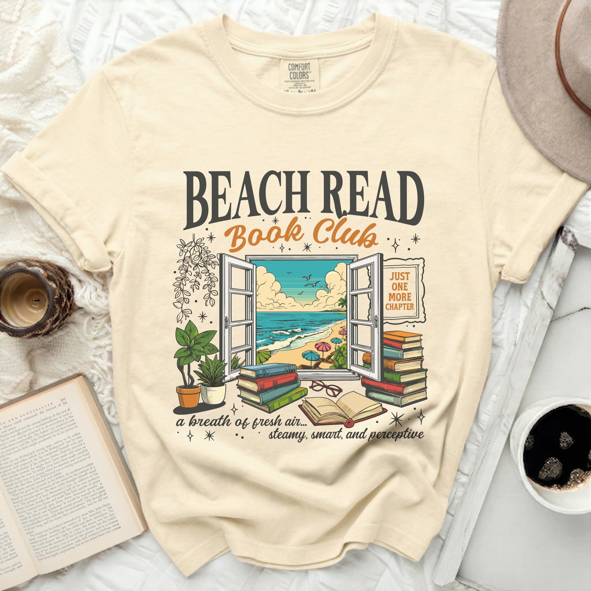 Comfort Colors shirt with "Beach Read Book Club" and beach scene graphic.