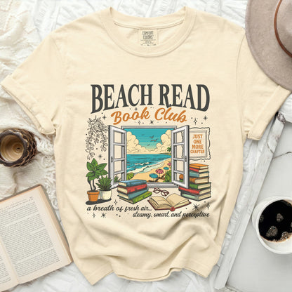 Comfort Colors shirt with "Beach Read Book Club" and beach scene graphic.