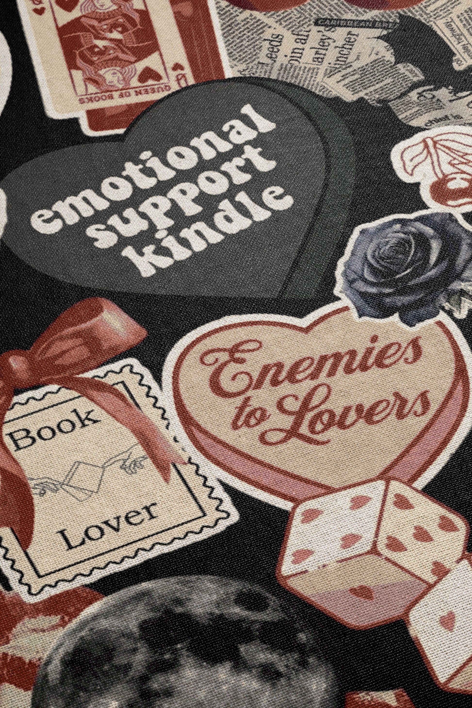 a close up of a table cloth with various items on it