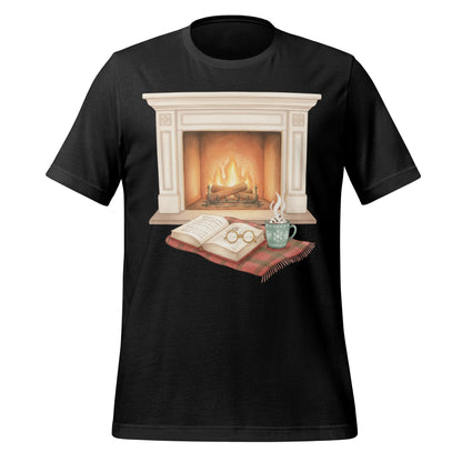Cozy Fireplace Scene with Book and Mug T-shirt