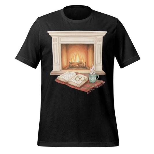 Cozy Fireplace Scene with Book and Mug T-shirt