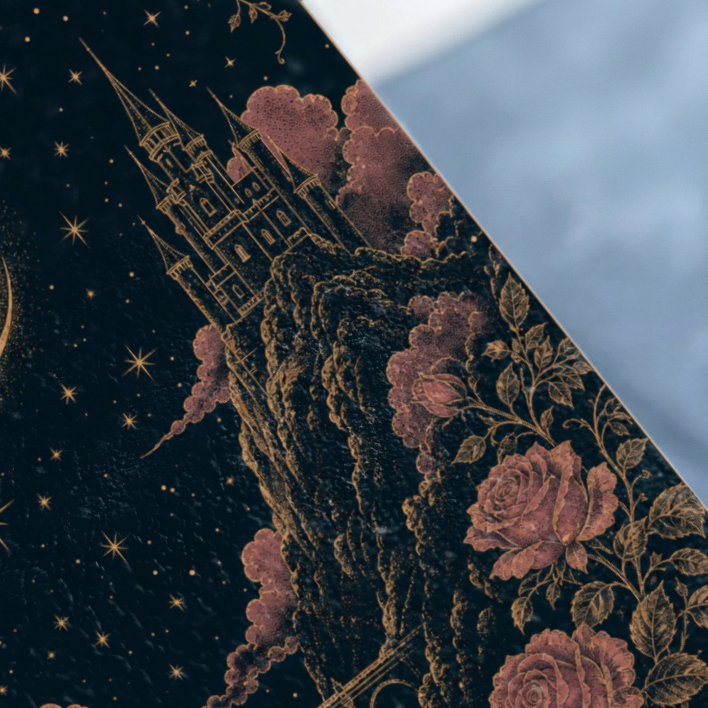 Castle on a cliff under a starry sky with pink clouds and roses.