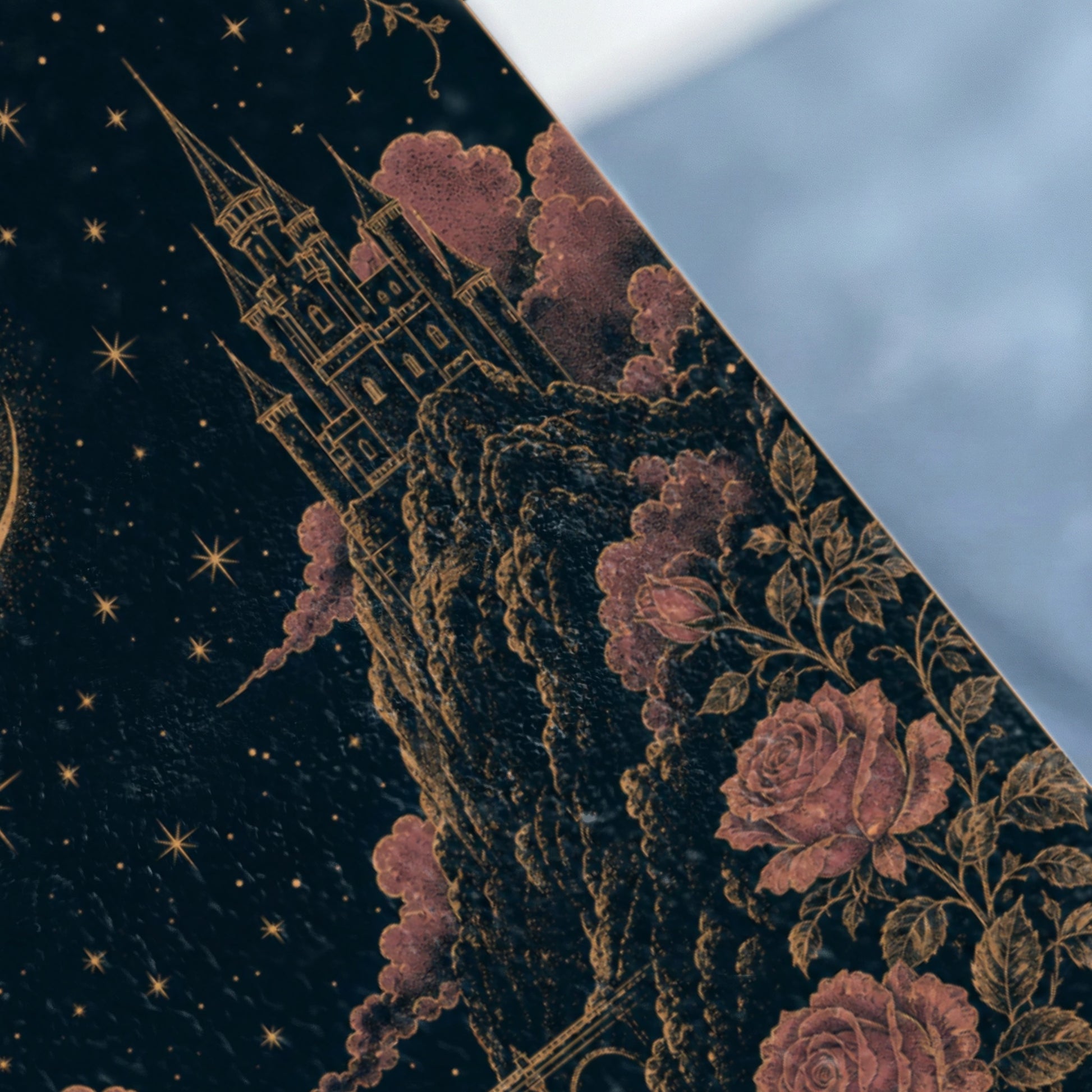 Castle on a cliff under a starry sky with pink clouds and roses.