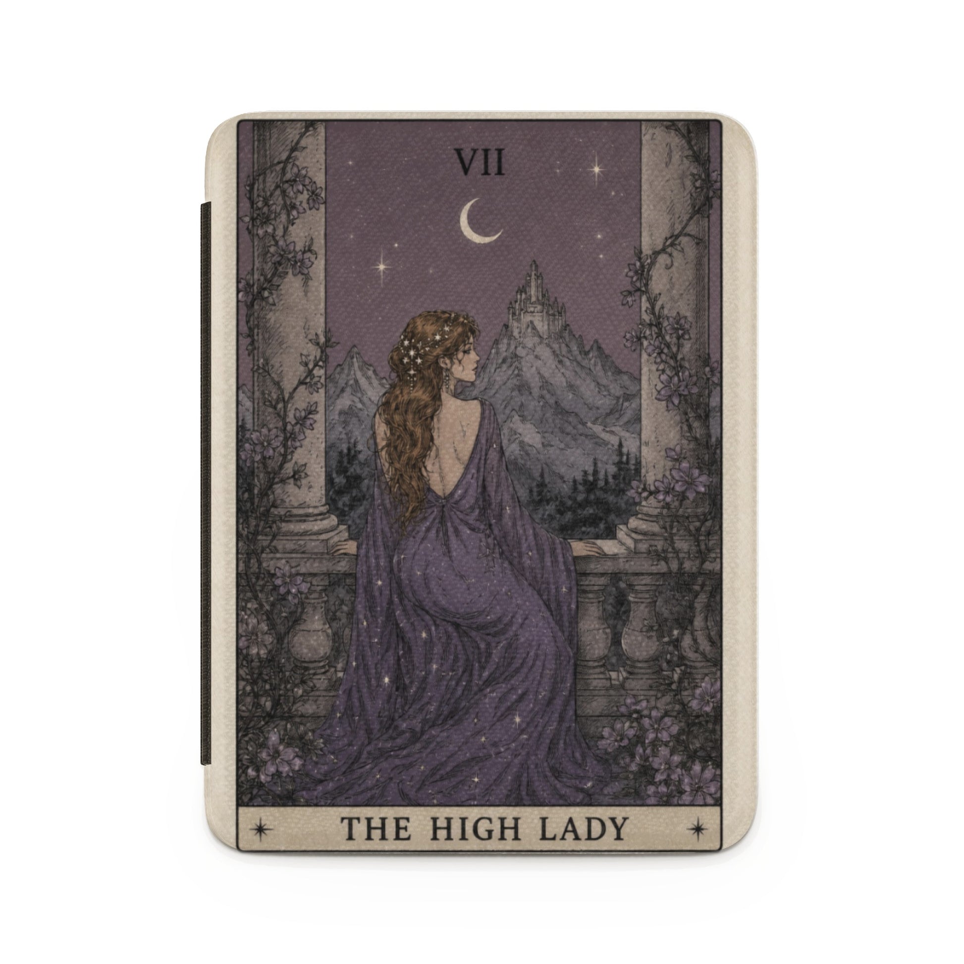 Tarot card "The High Lady" featuring woman in purple gown, crescent moon, and castle.
