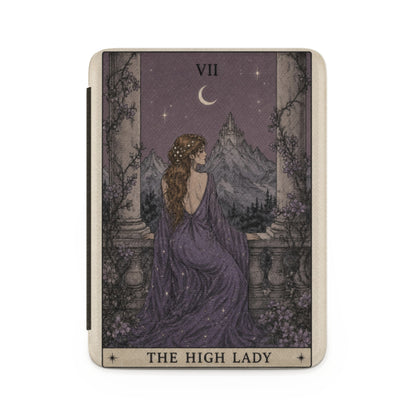 Tarot card "The High Lady" featuring woman in purple gown, crescent moon, and castle.