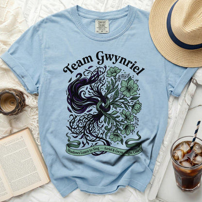 Light blue t-shirt with "Team Gwynriel" and floral design.