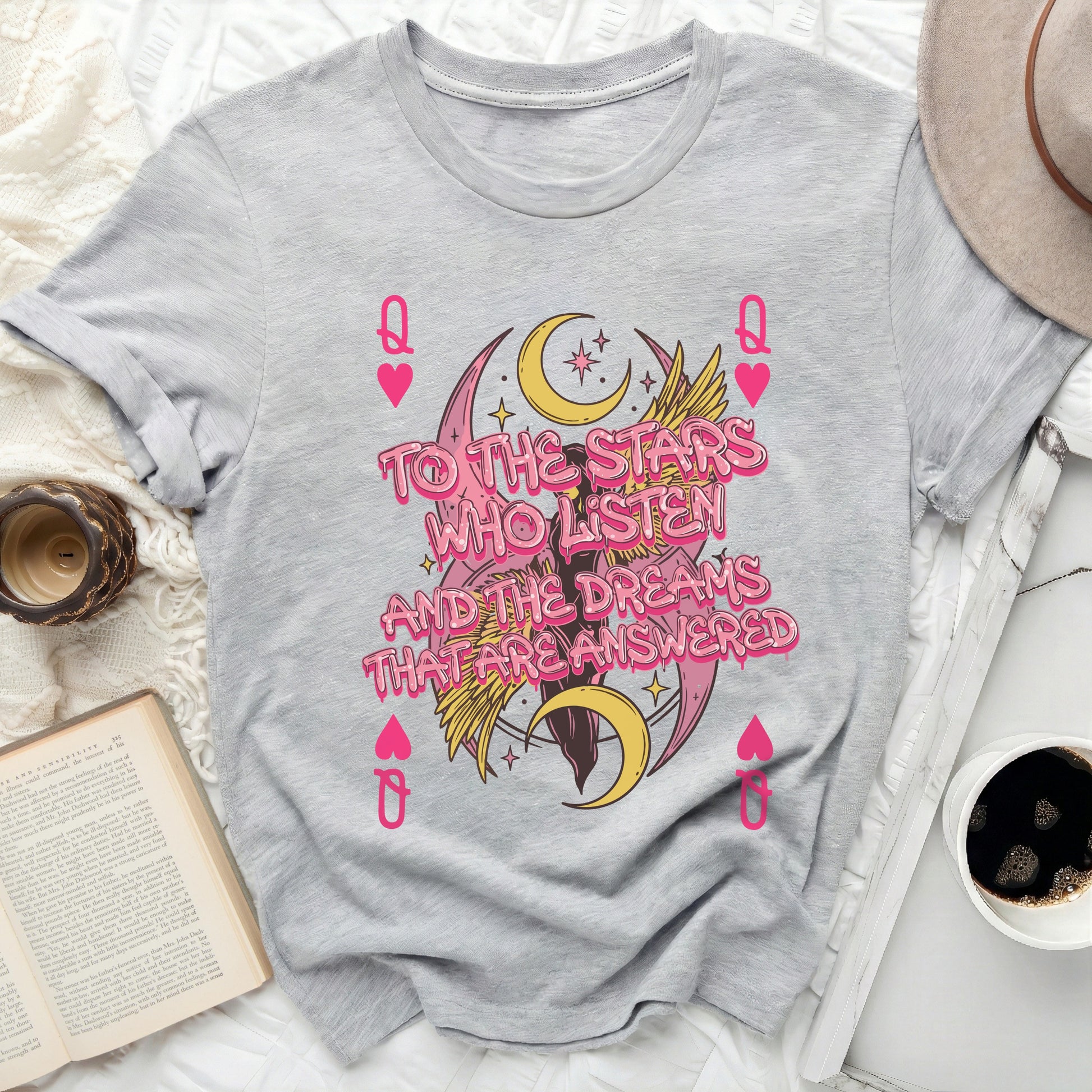 To The Stars Who Listen And The Dreams Answered product type
Stars
Moon
Wings
Celestial
Fantasy
Inspirational
Quote
Pink
Grey
Aesthetic
Bohemian
Mystical
Galaxy
TShirt
Apparel
Listen
Dreams
Answered
QueenofHearts
Spiritual