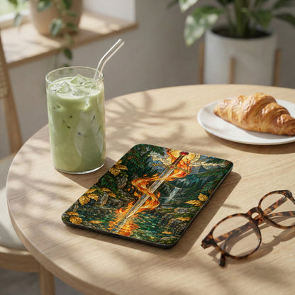 Tablet case with a sword of fire design, next to a drink and croissant.