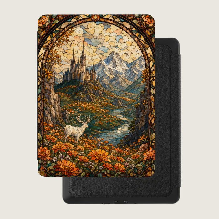 Stained glass art featuring a castle, mountains, and a deer among flowers.