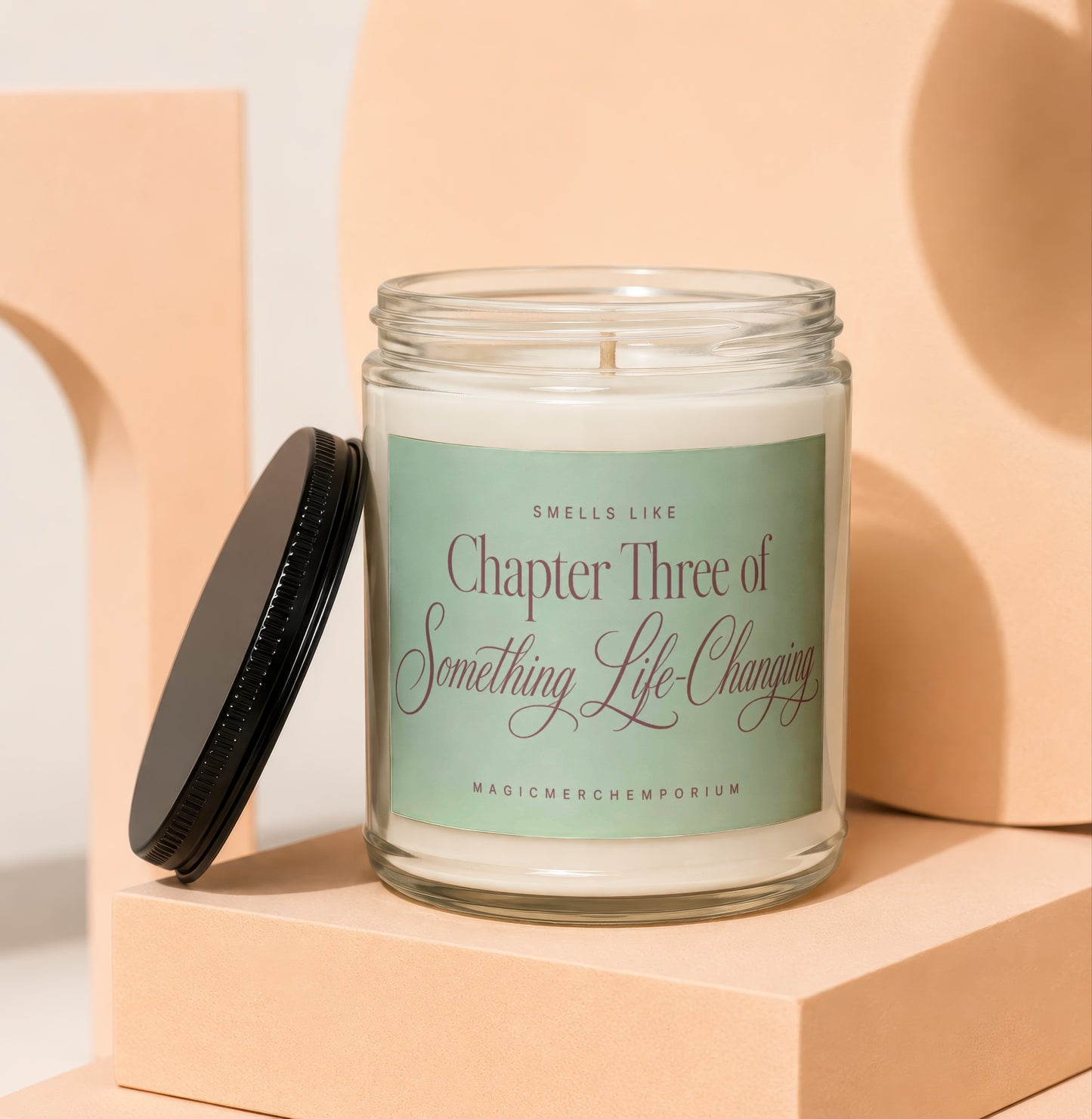 Glass candle with "Chapter Three of Something Life-Changing" label.