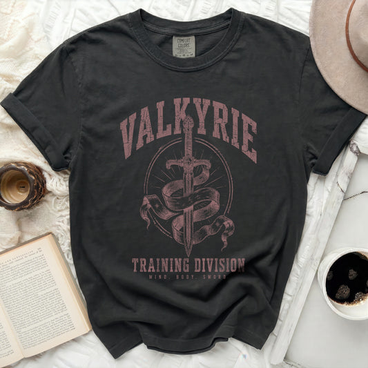 Dark gray t-shirt with "Valkyrie Training Division Mind Body Sword" graphic.