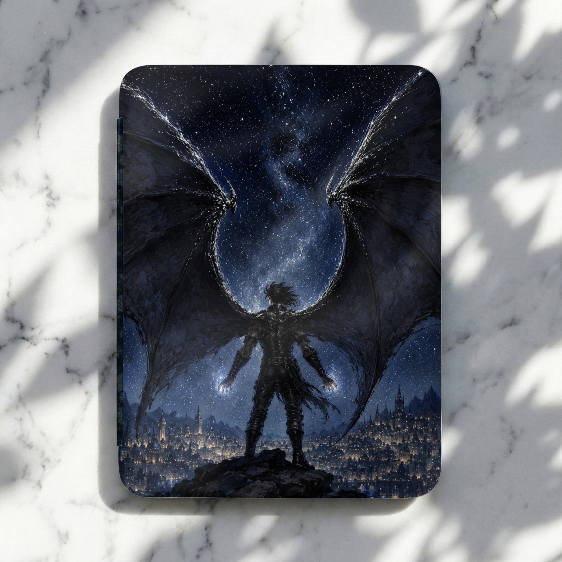 Dark angel figure with large wings stands over a glowing city under a starry sky.