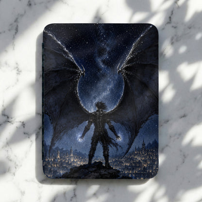 Dark angel figure with large wings stands over a glowing city under a starry sky.