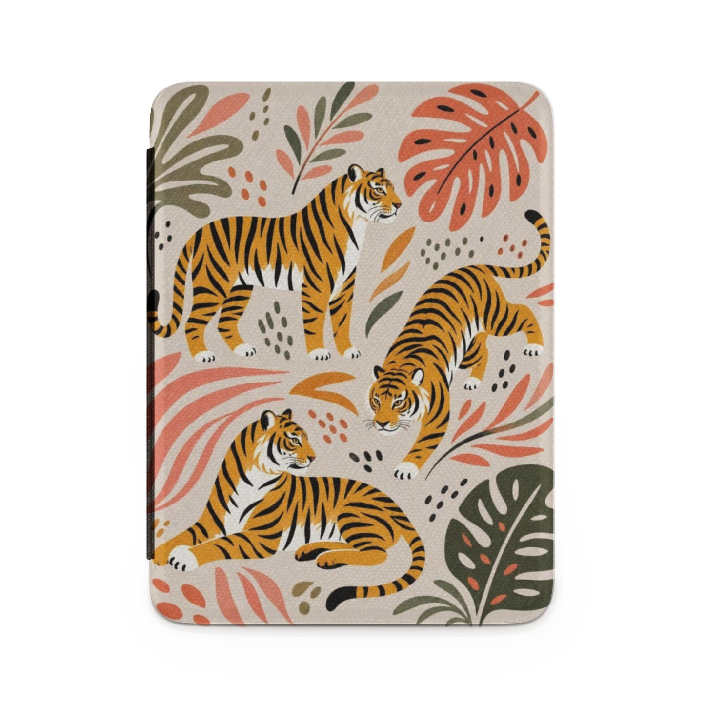 Cover with three stylized tigers and tropical leaves in orange and green.