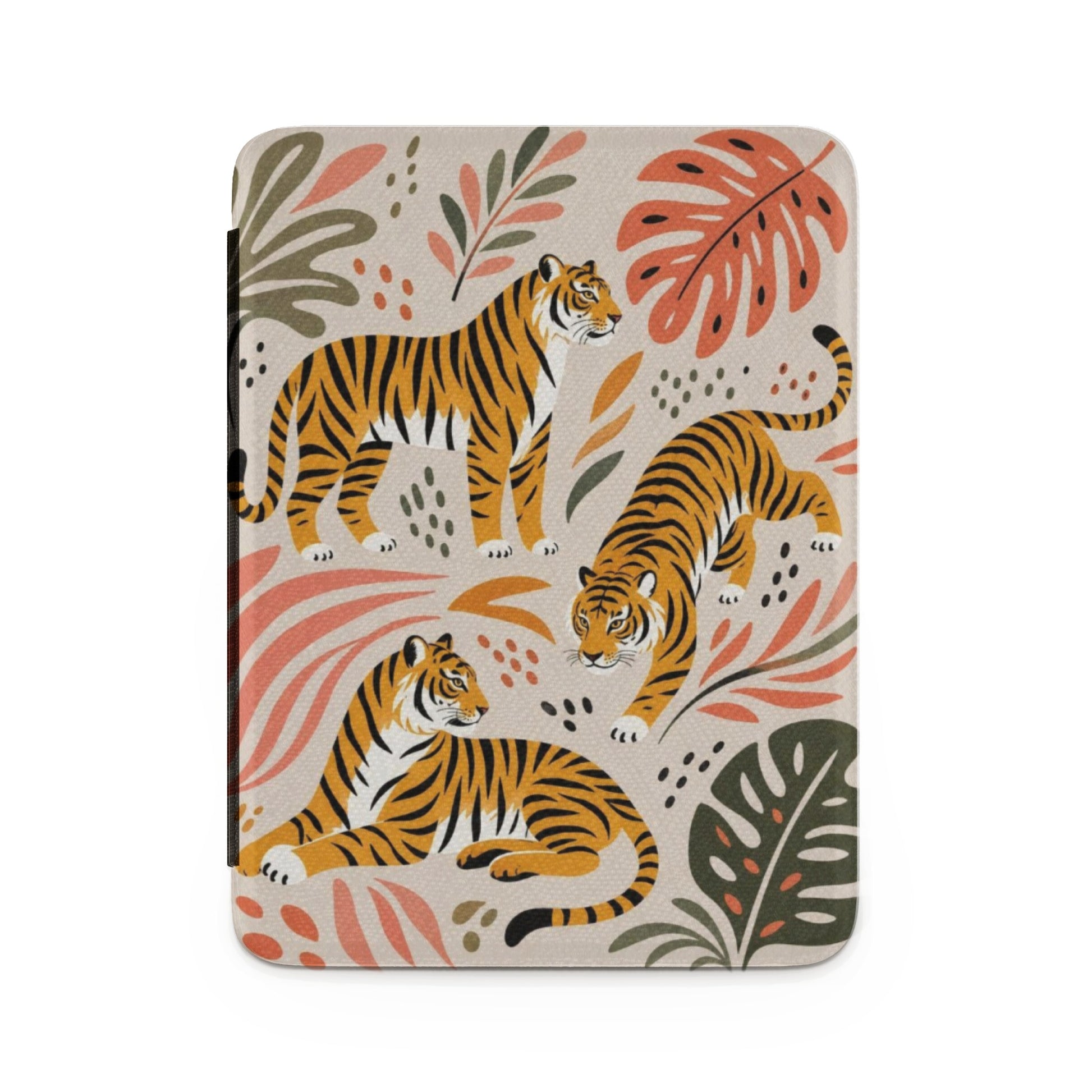 Cover with three stylized tigers and tropical leaves in orange and green.