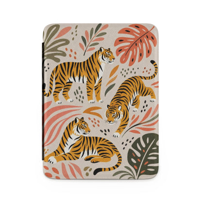 Cover with three stylized tigers and tropical leaves in orange and green.