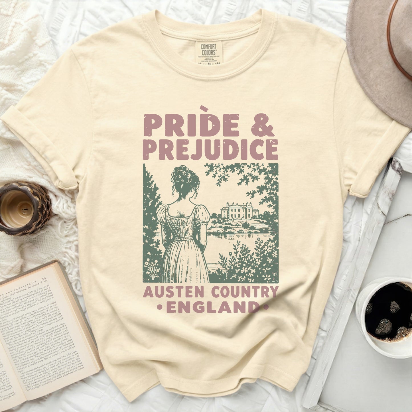 Pride and Prejudice Austen Country England t-shirt with a scenic illustration.