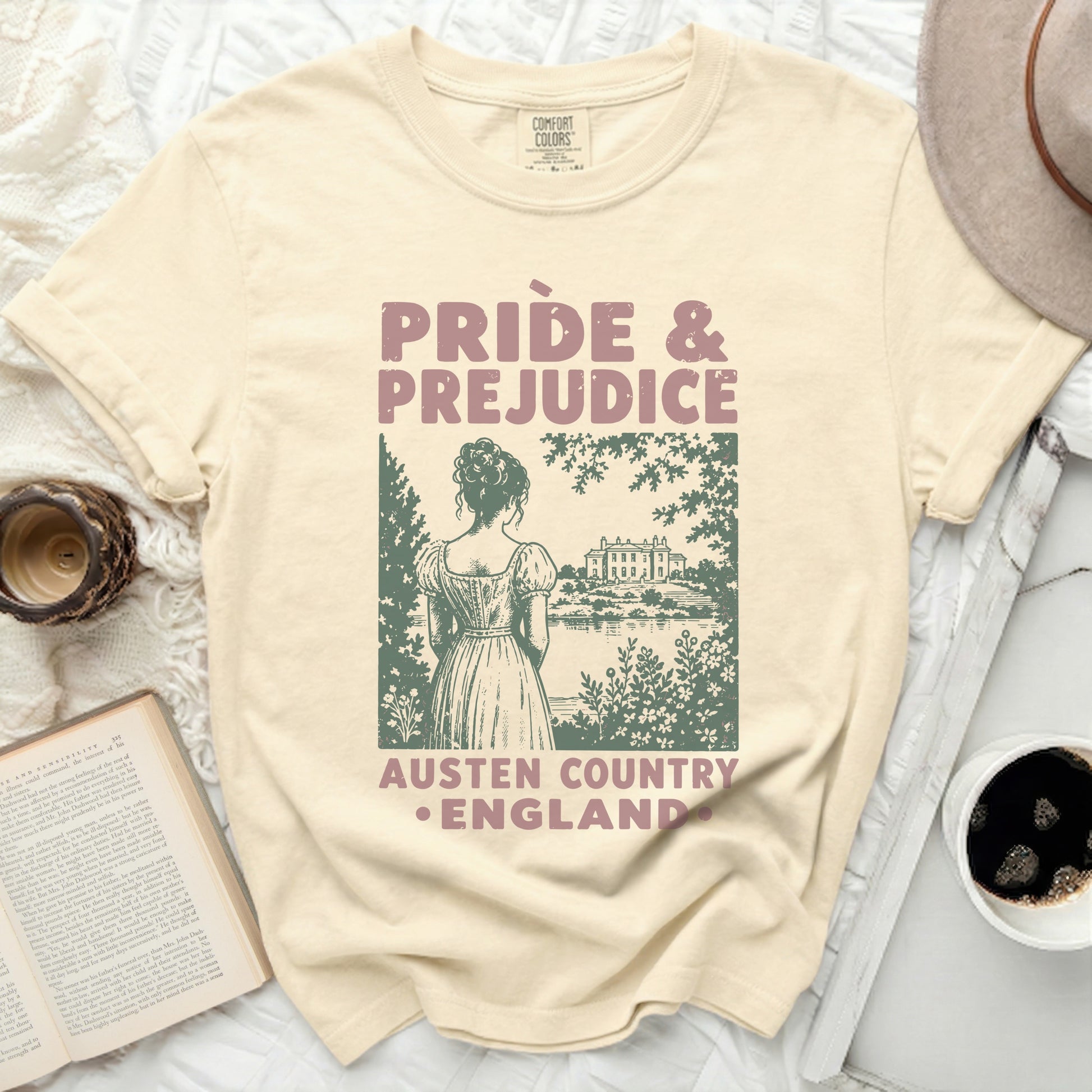 Pride and Prejudice Austen Country England t-shirt with a scenic illustration.