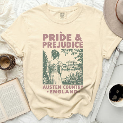 Pride and Prejudice Austen Country England t-shirt with a scenic illustration.