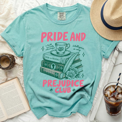 Pride and Prejudice Club t-shirt with books and teacup graphic.