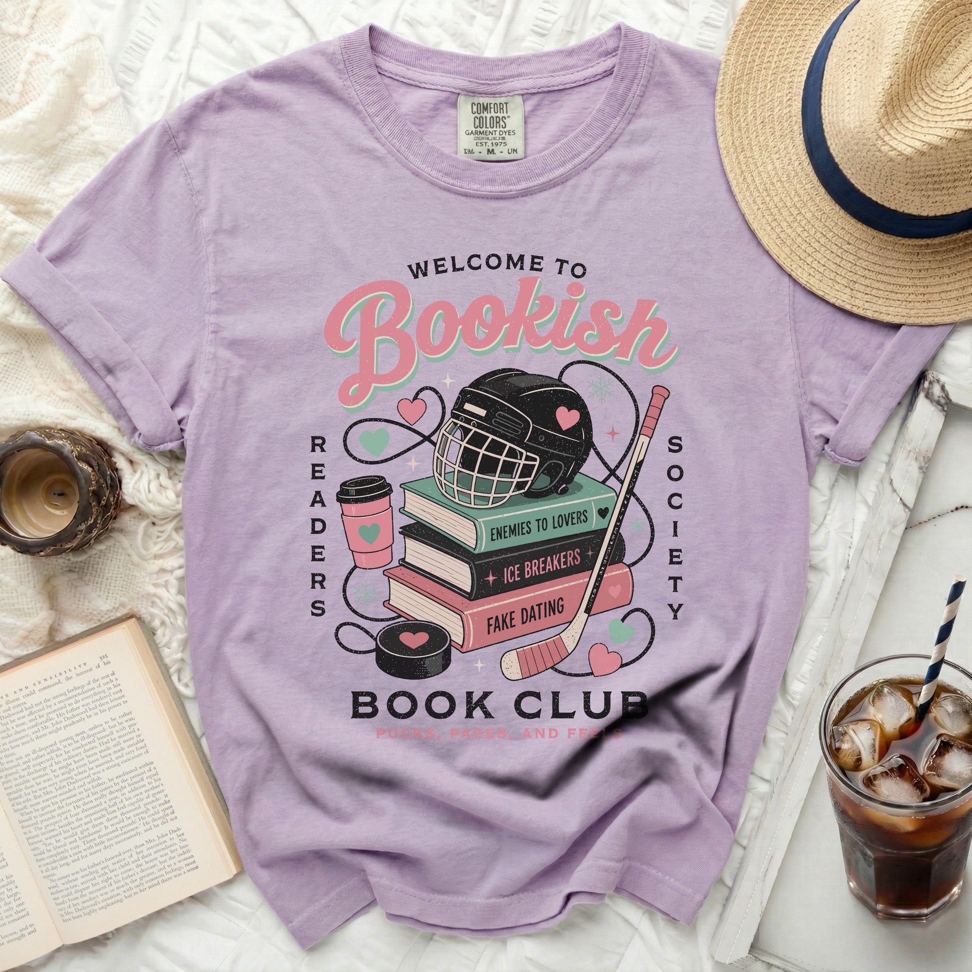 Comfort Colors shirt with "Bookish Readers Society" text and book-themed graphics.