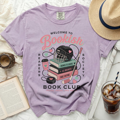 Comfort Colors shirt with "Bookish Readers Society" text and book-themed graphics.