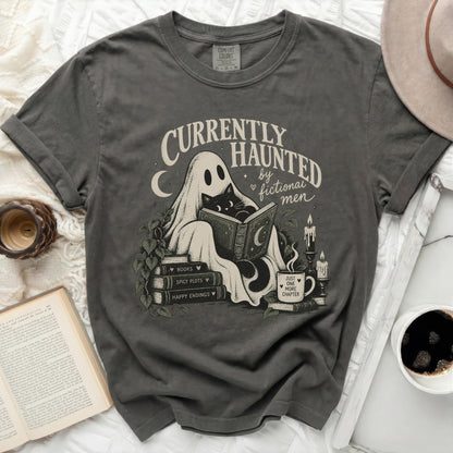 Grey t-shirt with a ghost and cat reading a book, "Currently Haunted by Fictional Men" text.