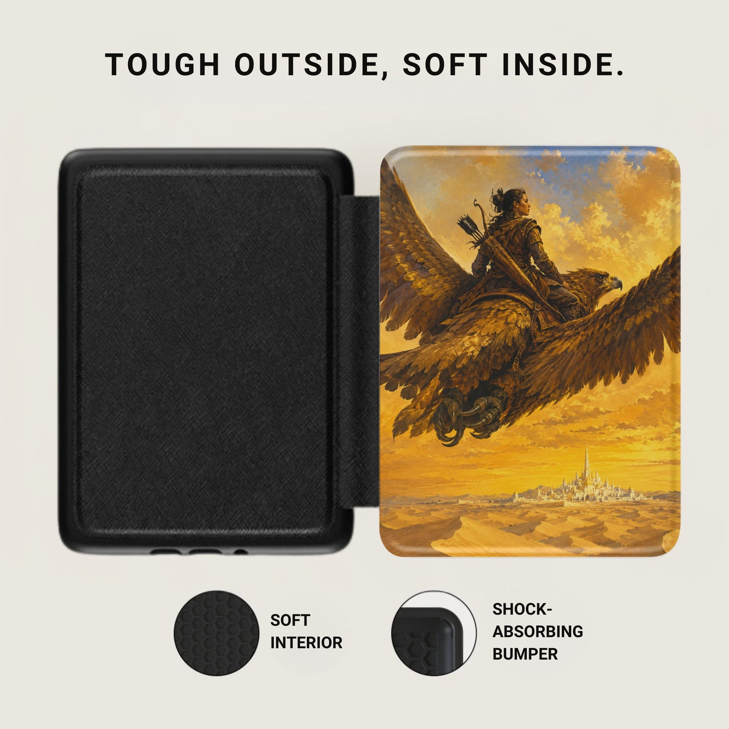 Book cover with a black textured exterior and art of a woman riding a griffin over a desert city.