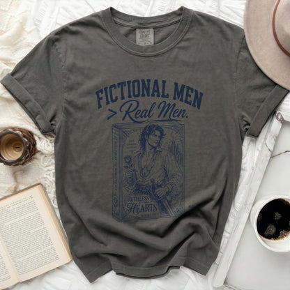 Dark grey t-shirt with "Fictional Men > Real Men" book design.