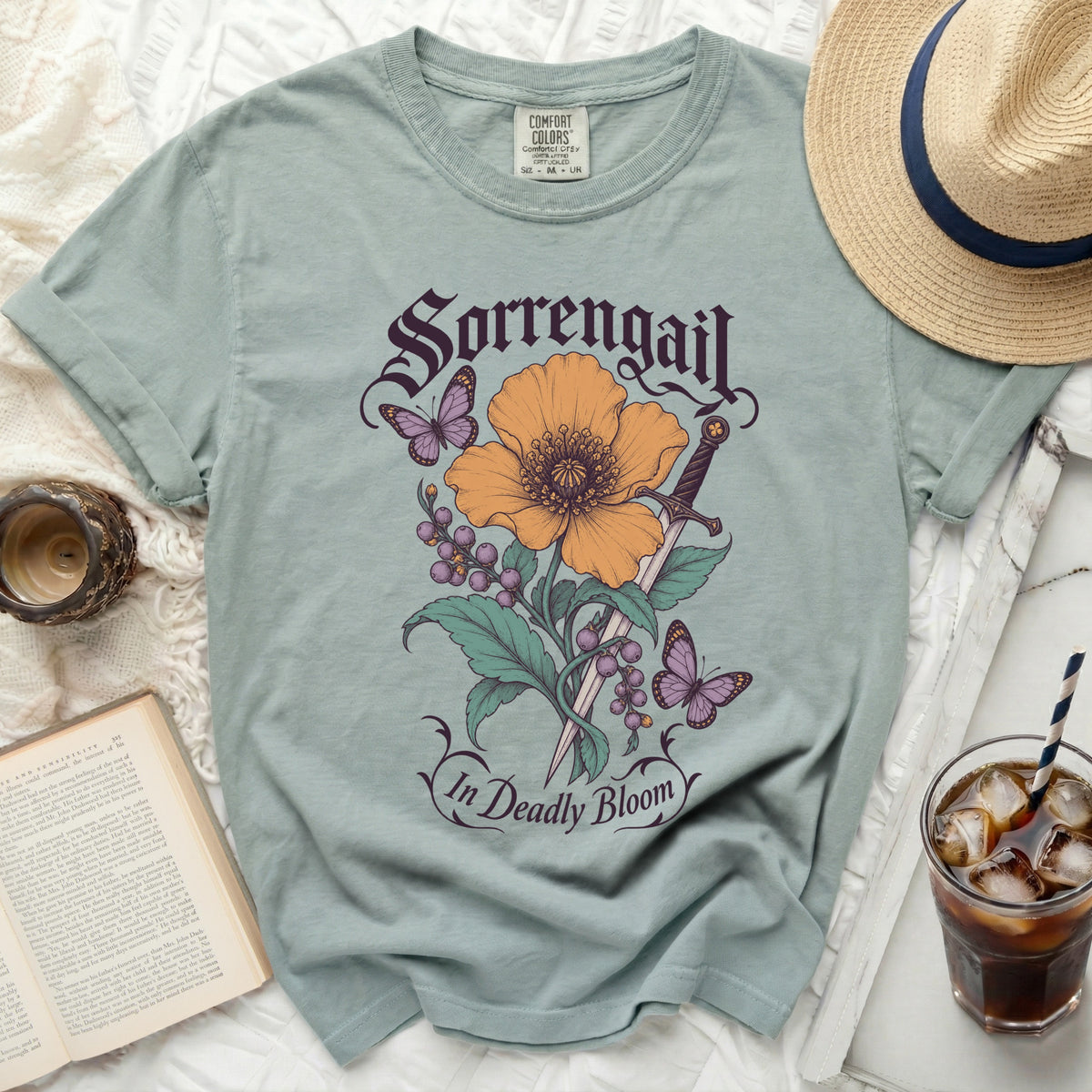 Light blue t-shirt with "Sorrengail In Deadly Bloom" design.