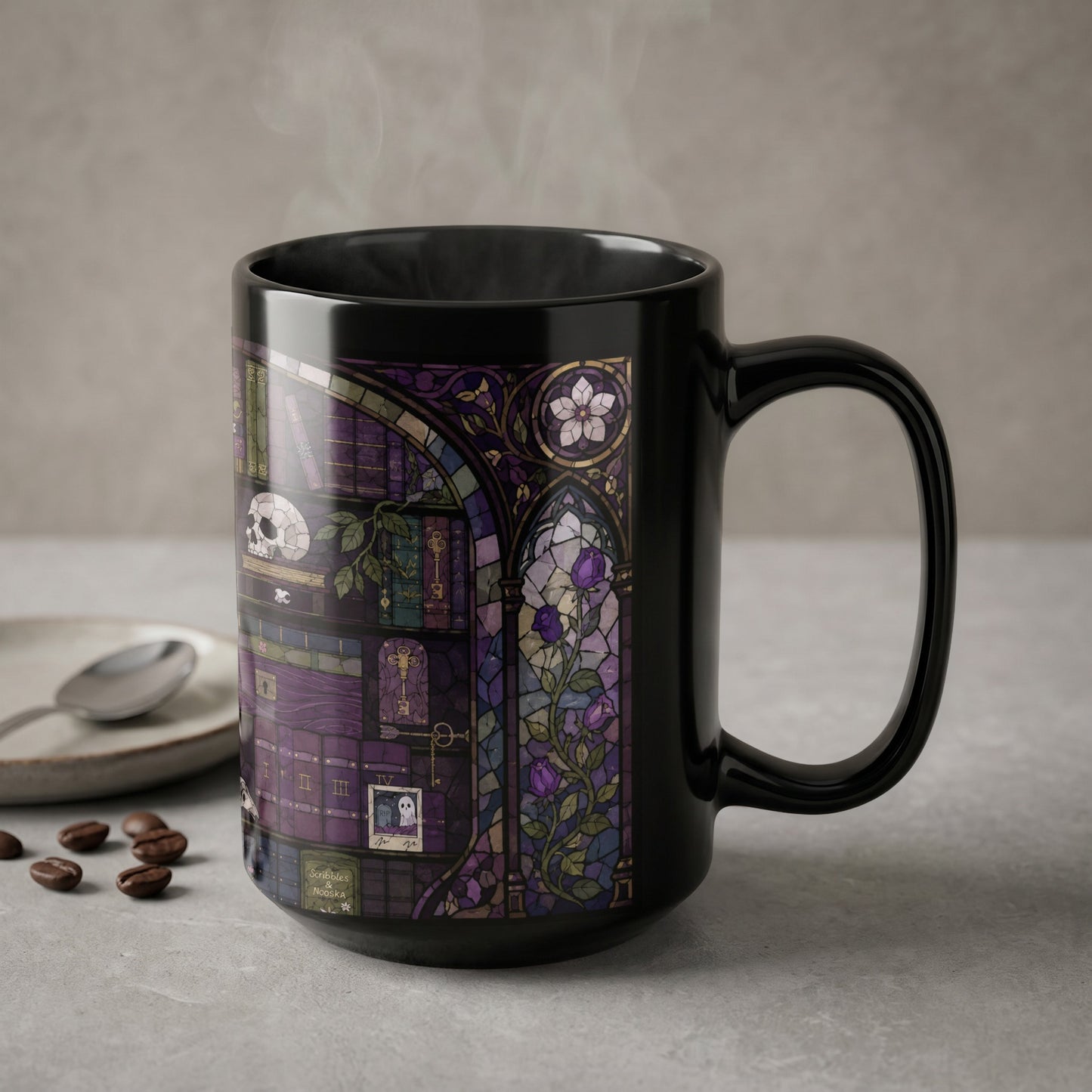 Black mug with gothic stained glass design featuring books, skulls, roses, and keys.
