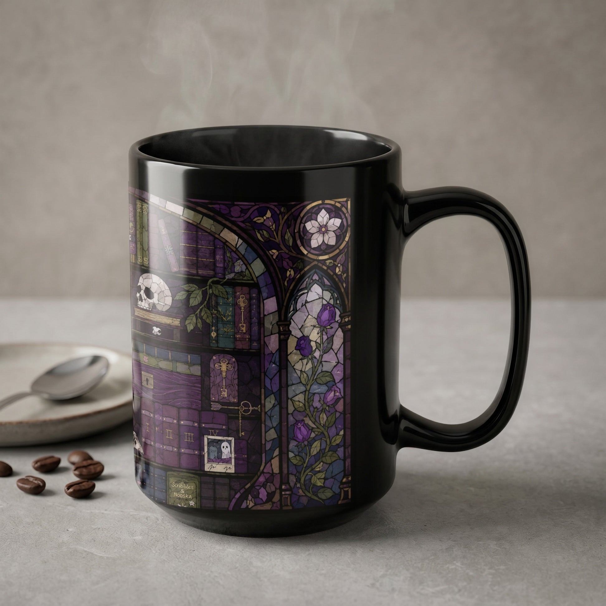 Black mug with gothic stained glass design featuring books, skulls, roses, and keys.