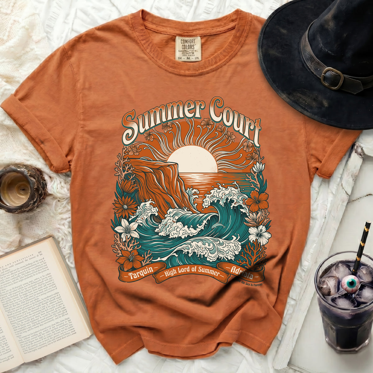 Orange t-shirt with "Summer Court" graphic featuring ocean waves and a sun.