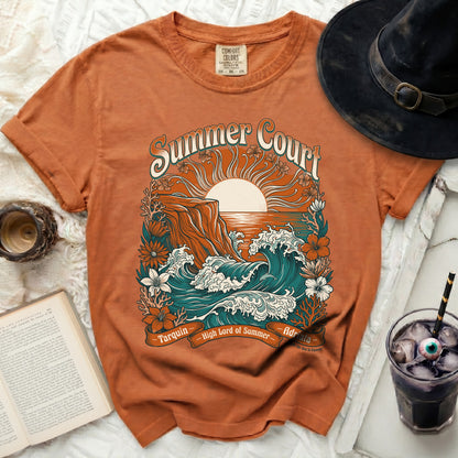 Orange t-shirt with "Summer Court" graphic featuring ocean waves and a sun.