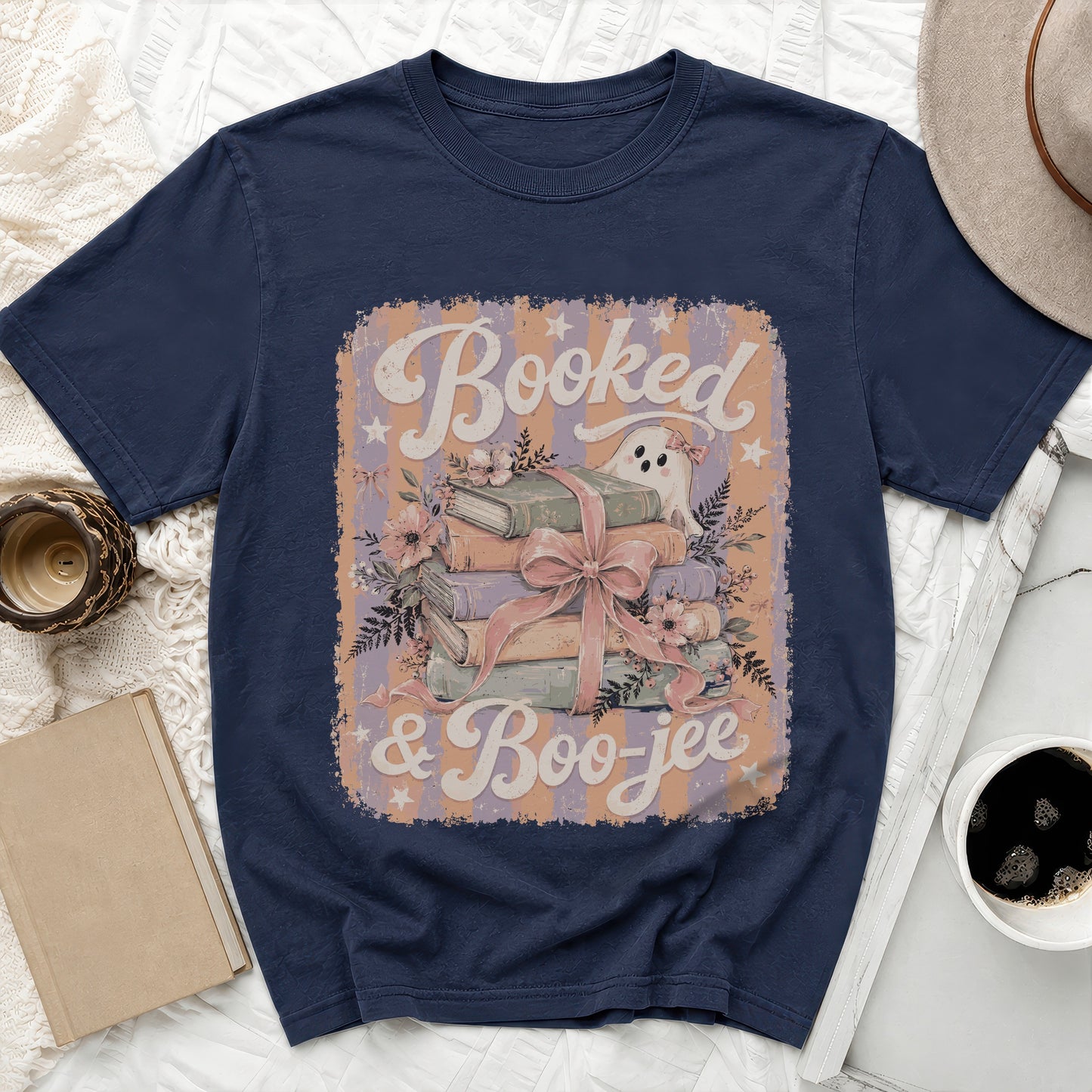 Navy t-shirt with "Booked & Boo-jee" text, ghost, books, and flowers graphic.