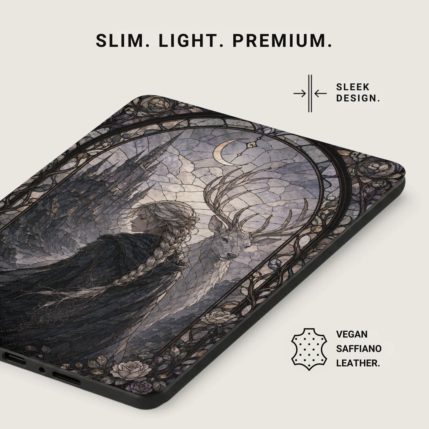 Phone case with stained glass art of a woman and deer, "Sleek Design", "Vegan Saffiano Leather".
