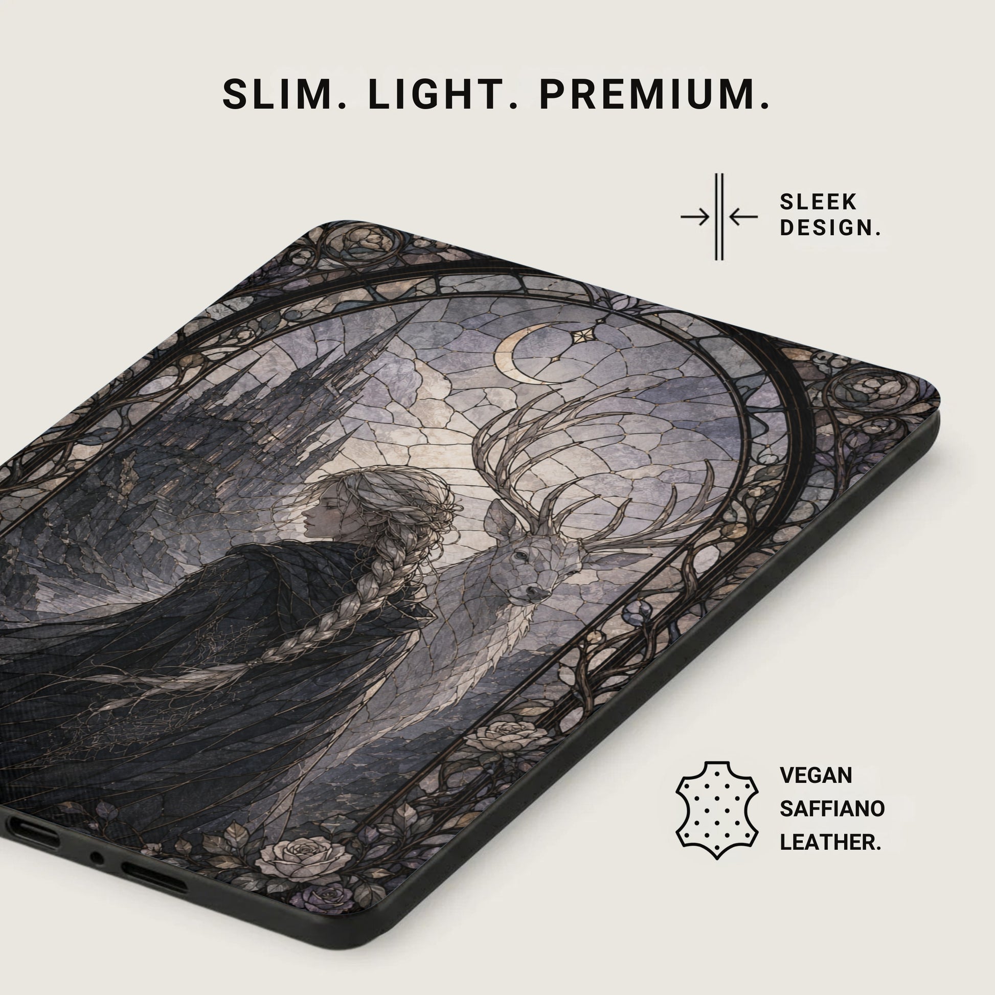 Phone case with stained glass art of a woman and deer, "Sleek Design", "Vegan Saffiano Leather".