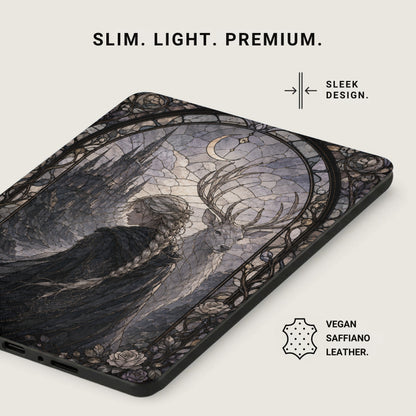 Phone case with stained glass art of a woman and deer, "Sleek Design", "Vegan Saffiano Leather".