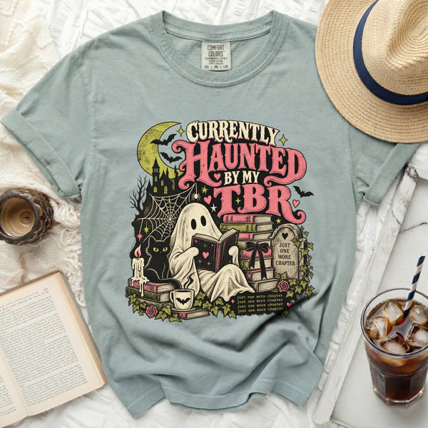 Haunted TBR Cat Tee in Bay