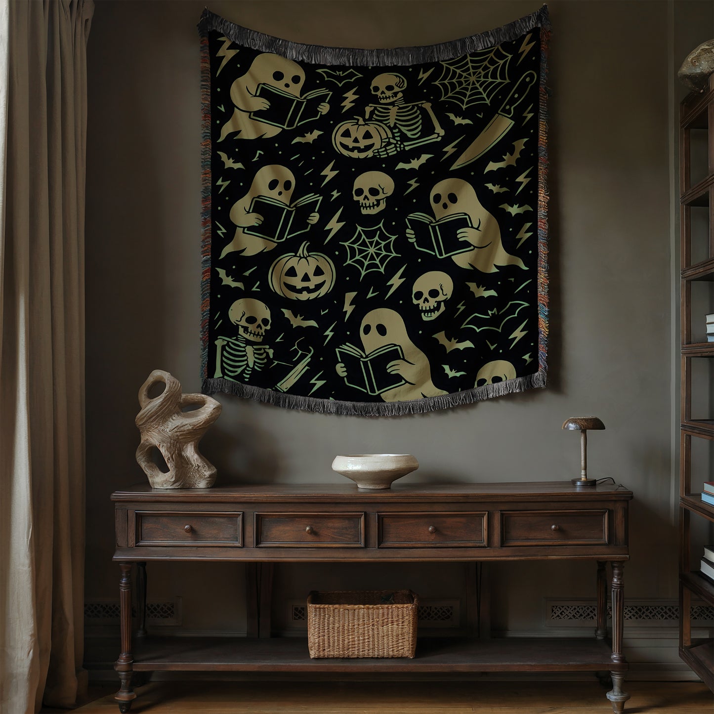 Greenish Spooky Ghost & Skeleton Blanket