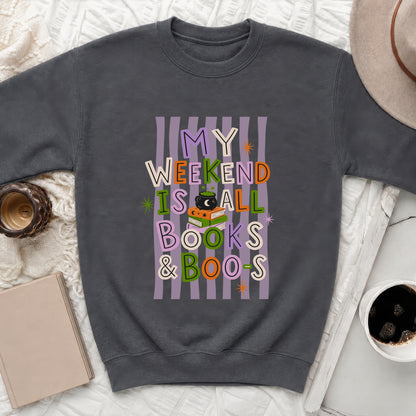 Dark grey sweatshirt with "My Weekend Is All Books & Boos" text and Halloween graphics.