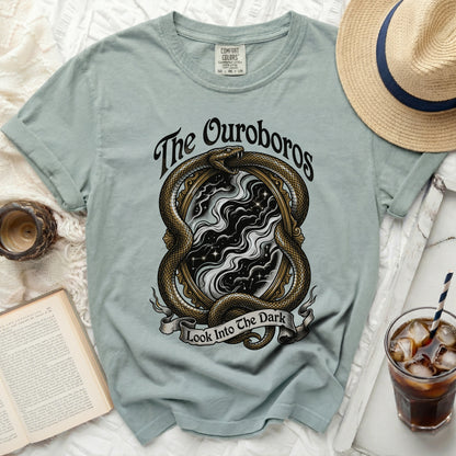 The Ouroboros snake around a mirror with text "Look Into The Dark".