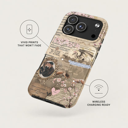 A patterned smartphone case featuring fantasy artwork, maps, and quotes, displayed alongside feature callouts.