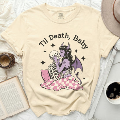 Cream Comfort Colors t-shirt with skeleton couple graphic and "Til Death, Baby" text.
