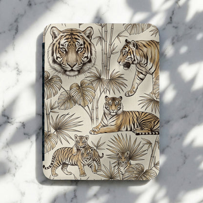 Tiger and foliage pattern on a cream background with a marble surface.